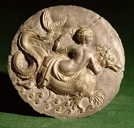 Nereid on Ketos, from the lid of a pyxis found at Canosa di Puglia